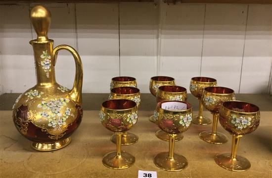 Cranberry enamelled bohemian glasses & decanter set